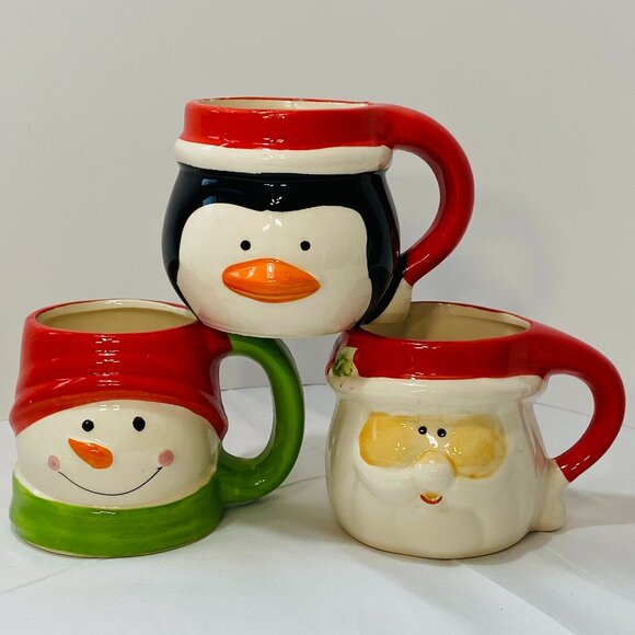 (3) NEW CHRISTMAS MUGS VNTG 3-D ROYAL NORFOLK SANTA FACE, SNOWMAN, PENGUIN 1970s - Picture 1 of 6